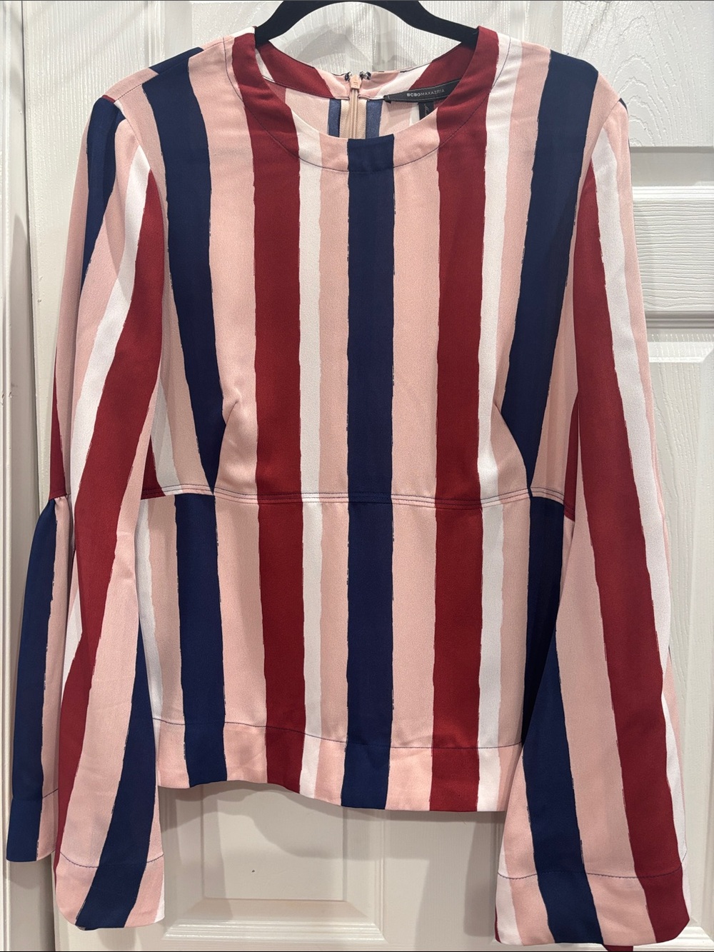 BCBGMaxAzria Red, Navy & Blush Striped Silk Top